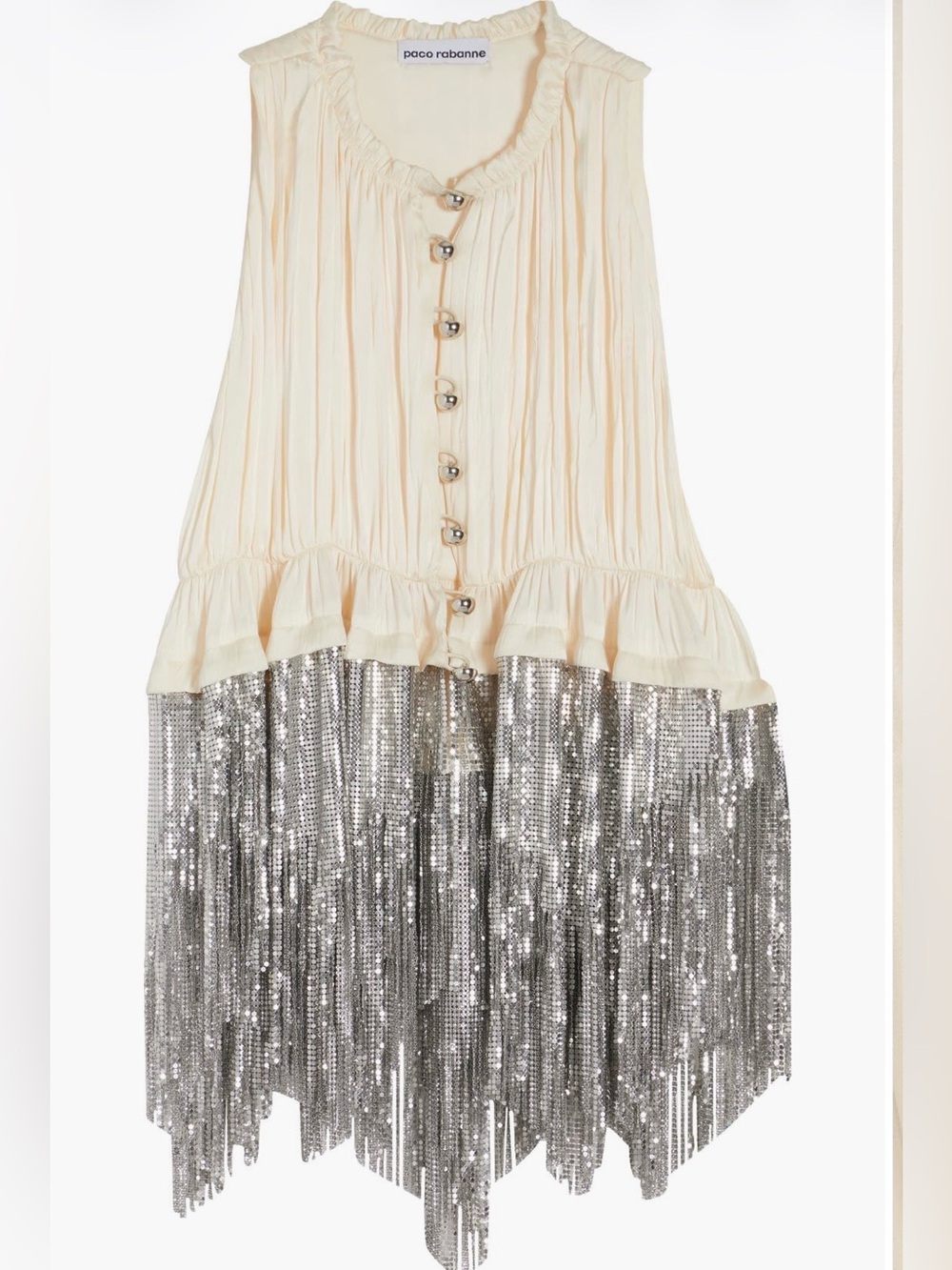 Rabanne Asymmetric Metallic Fringe Shirred Sleeveless Top 38/6